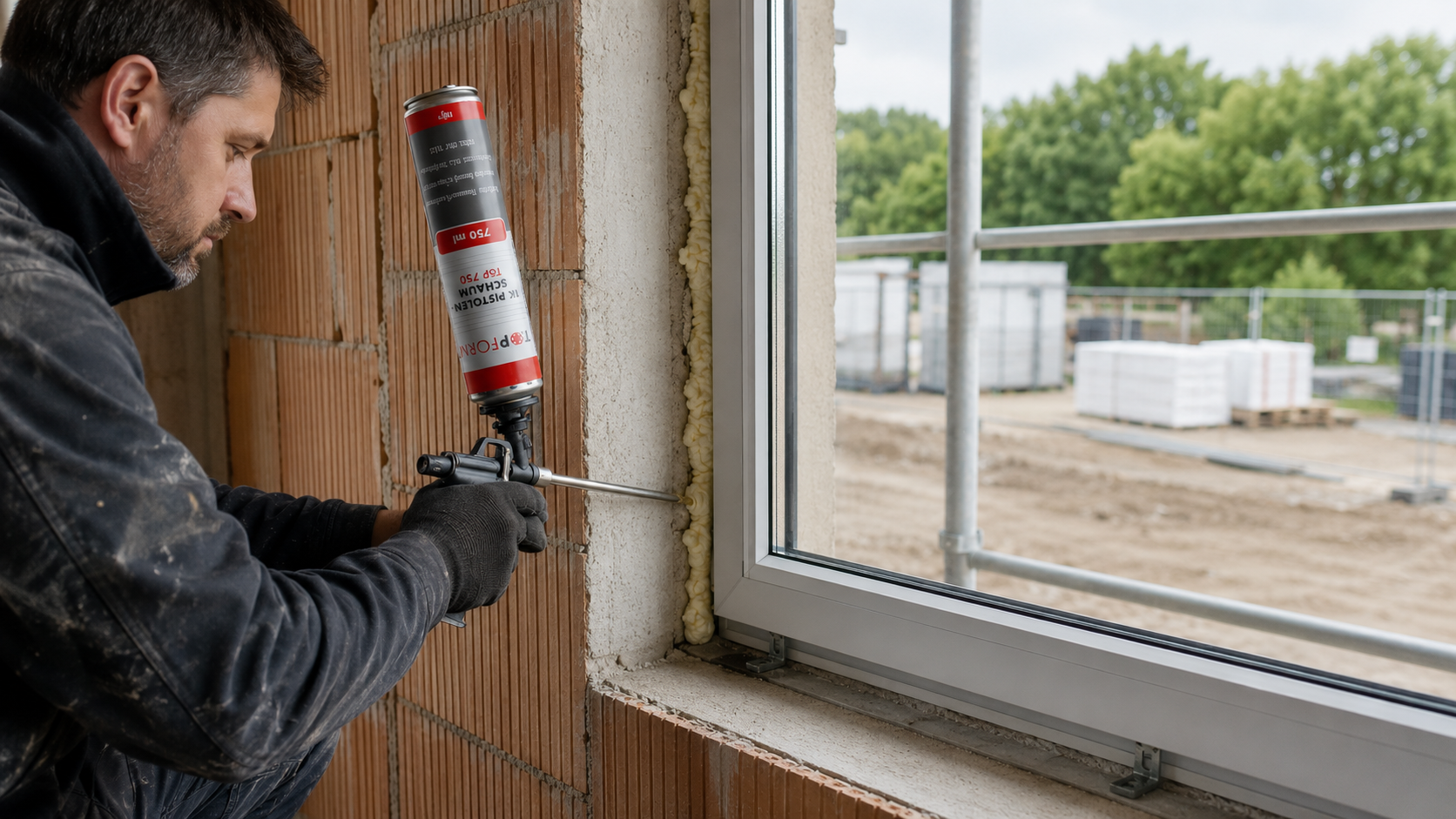 Fenstermontage mit TOPFORM 1K-Pistolenschaum auf der Baustelle